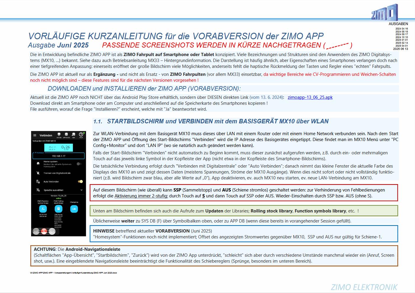 Vorlufige Kurzanleitung ZIMO APP, Stand 6.2025